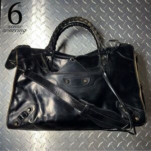 Balenciaga Glazed Calfskin Medium Moto City Bag in Black